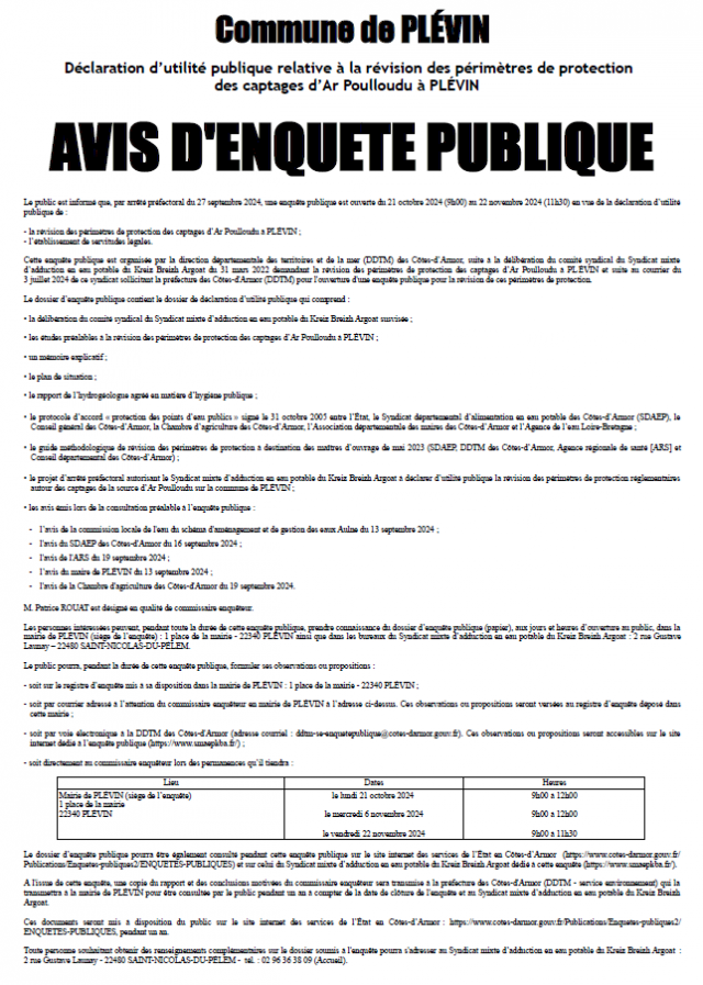 Enquête publique relative à la révision des périmètres de protection des capatges d'Ar Poulloudu
